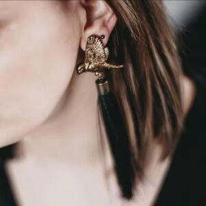 2/$30🌵 Long Bronze Bird Crow Black Tassel Earrings Vintage Style Gothic NEW
